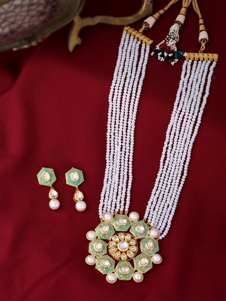 18K Gold Plated Pastel Green & White Handcrafted Meenakari Kundan Studded Jewellery Set : ABMJJS10
