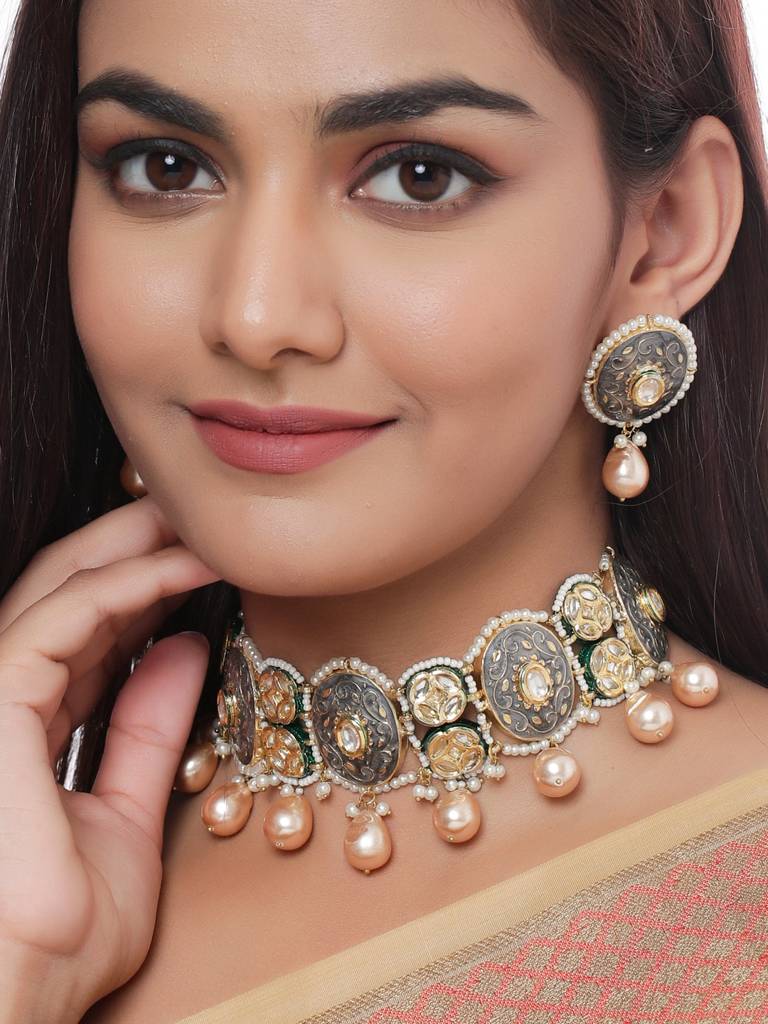 Grey 18K Gold Plated Handcrafted Meenakari Kundan Studded Choker Set : ABMJJS16