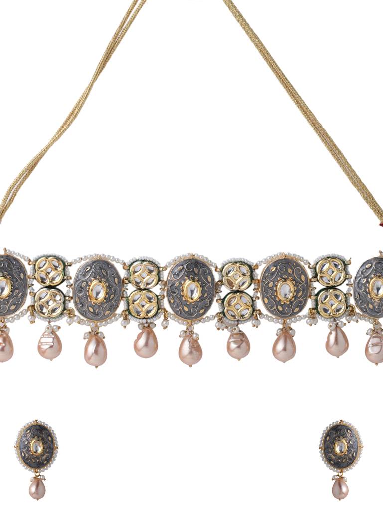 Grey 18K Gold Plated Handcrafted Meenakari Kundan Studded Choker Set : ABMJJS16