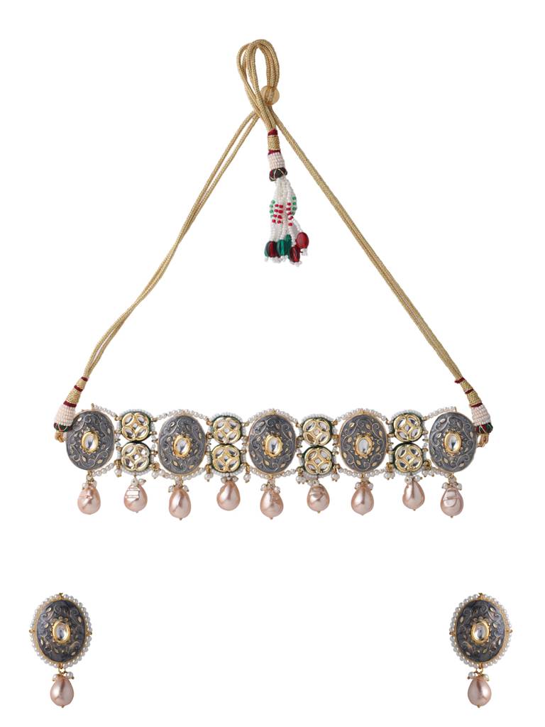 Grey 18K Gold Plated Handcrafted Meenakari Kundan Studded Choker Set : ABMJJS16