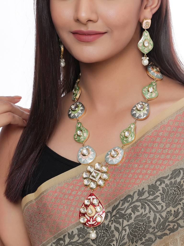 18K Gold Plated Multi Color Meenakari Contemporary Handcrafted Jewellery Set : ABMJJS17
