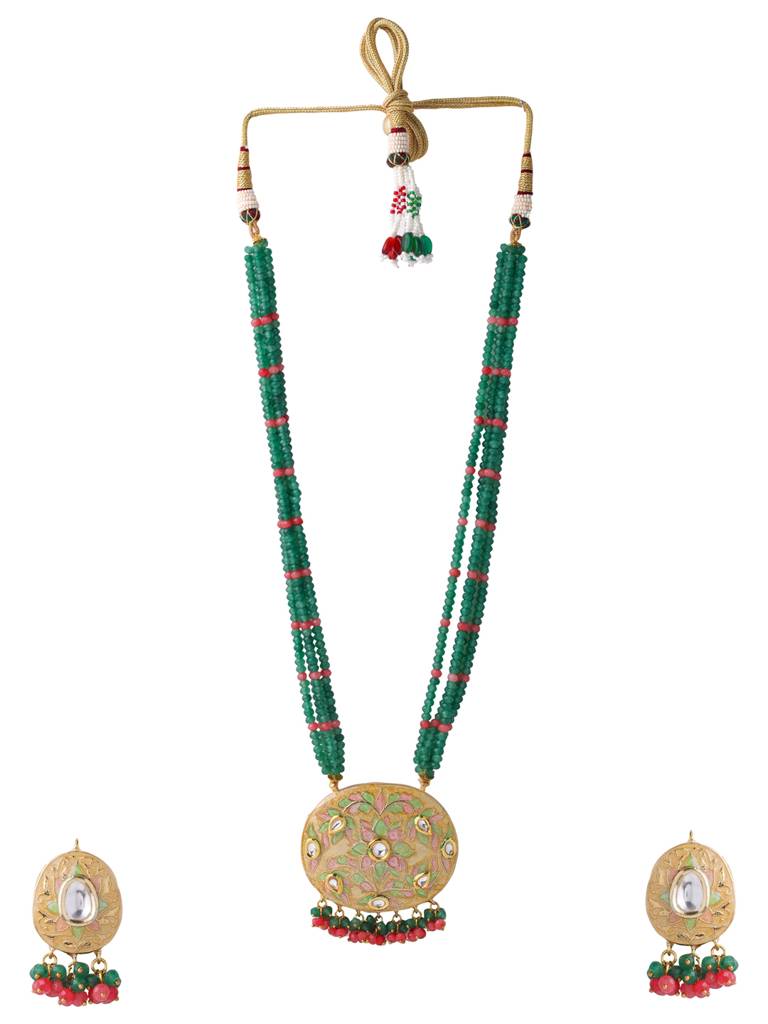 Green 18K Gold Plated Handcrafted Meenakari Kundan Studded Jewellery Set : ABMJJS20
