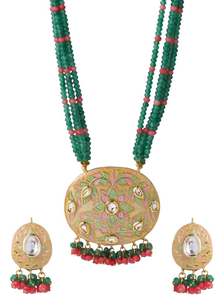 Green 18K Gold Plated Handcrafted Meenakari Kundan Studded Jewellery Set : ABMJJS20