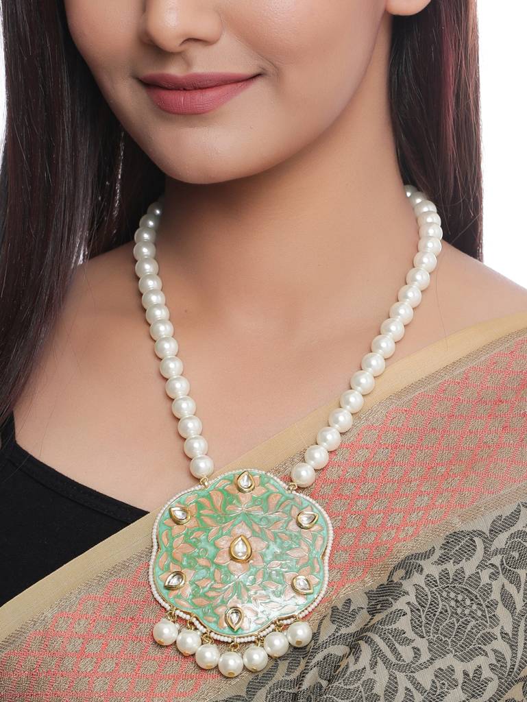 Gold Plated Sea Green Kundan Studded Meenakari Necklace : ABMJN03