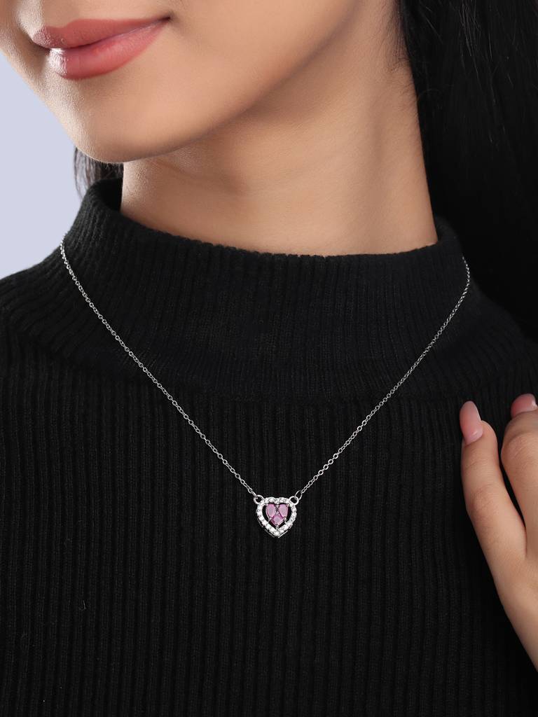 Pink Heart Shaped Silver Plated Necklace : ABOAN05