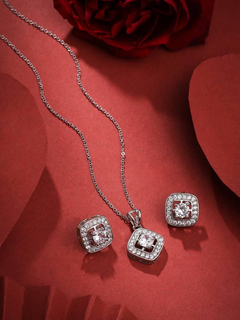 Silver Plated American Diamond Studded Pendant Set. : ABOAPS01