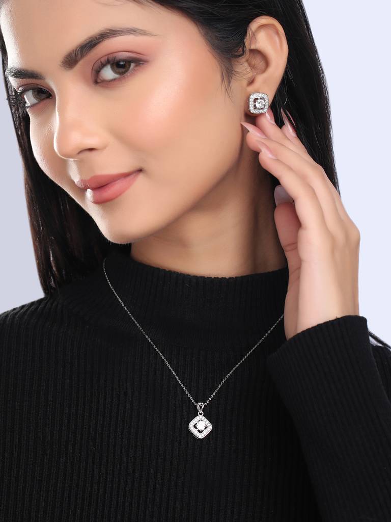 Silver Plated American Diamond Studded Pendant Set. : ABOAPS01