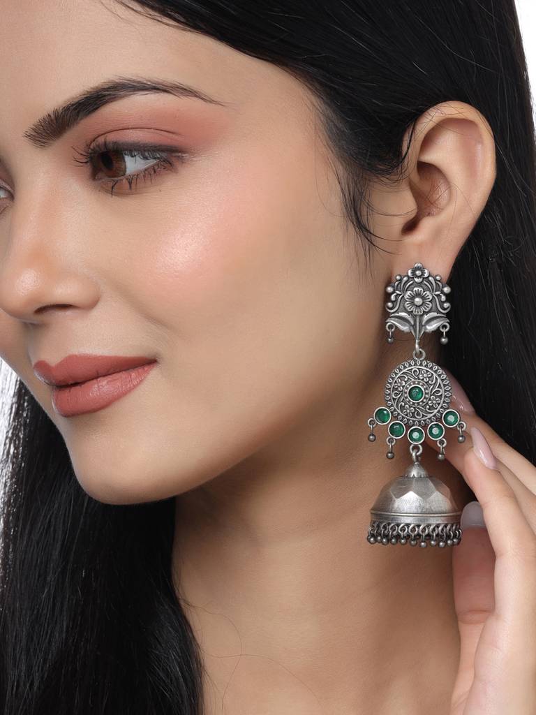 Silver Plated Oxidised Green Jhumkas : ABOSE12