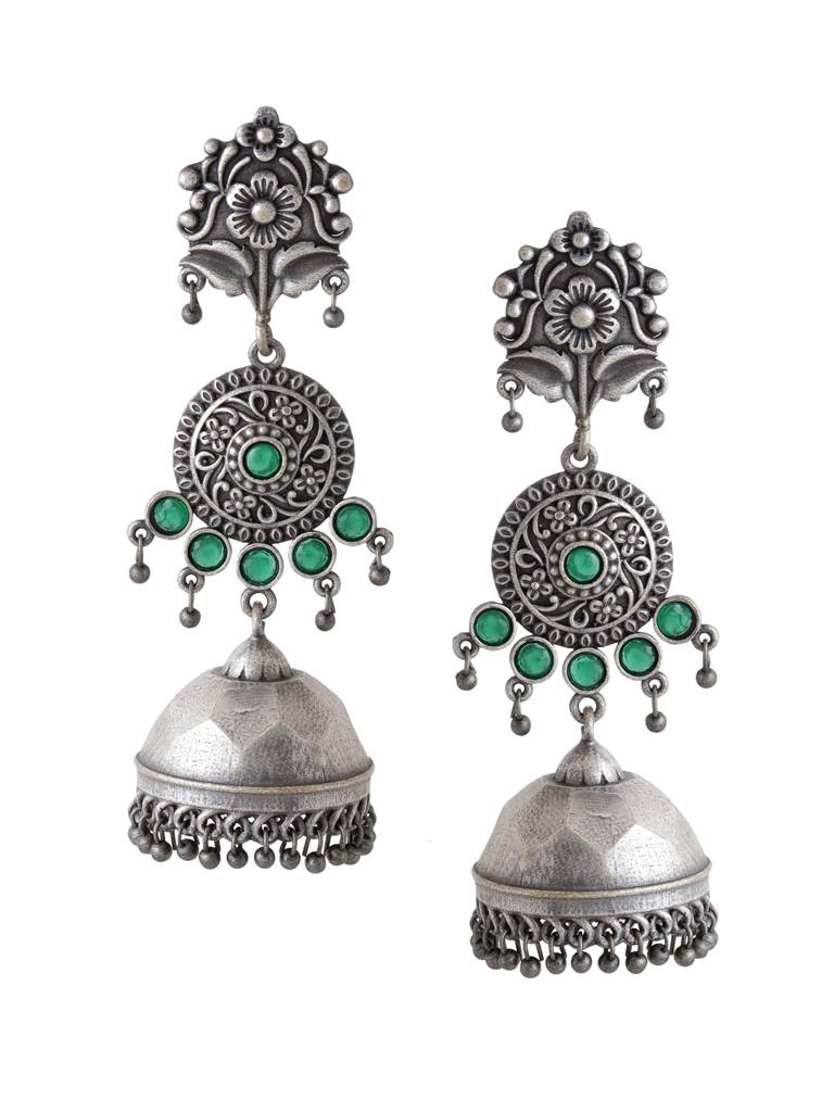 Silver Plated Oxidised Green Jhumkas : ABOSE12