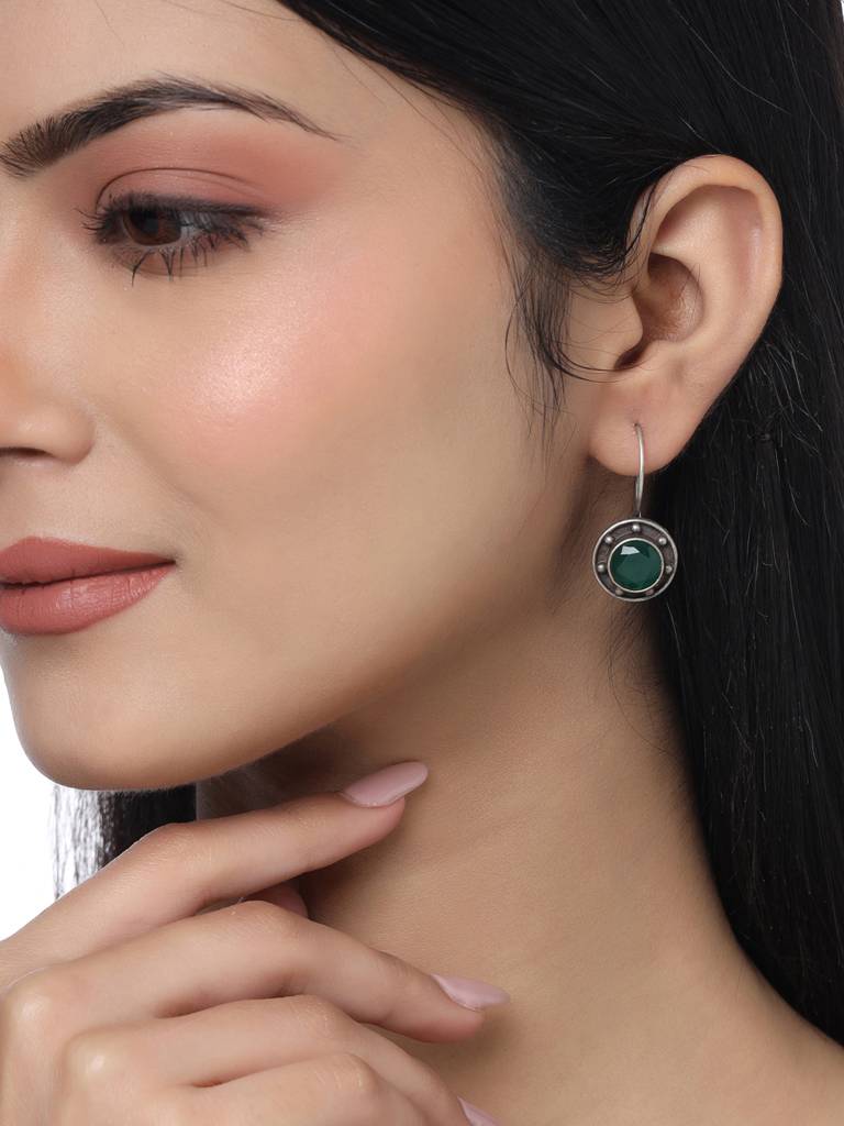 Silver Plated Oxidised Green Circular Studs : ABOSE19