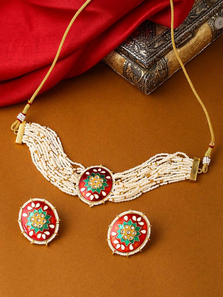 Handcrafted Gold Plated Red Enamelled Choker Set : ABOSJS01