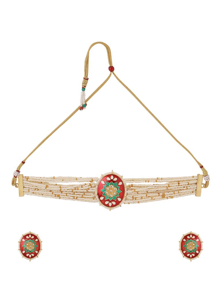 Handcrafted Gold Plated Red Enamelled Choker Set : ABOSJS01