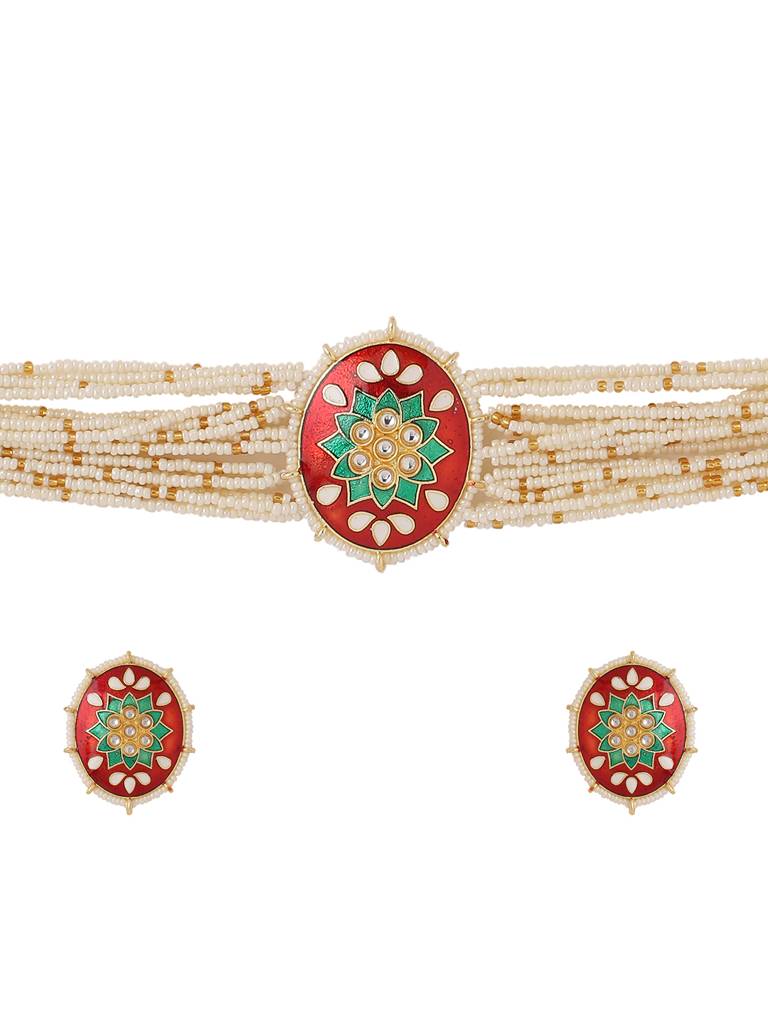 Handcrafted Gold Plated Red Enamelled Choker Set : ABOSJS01
