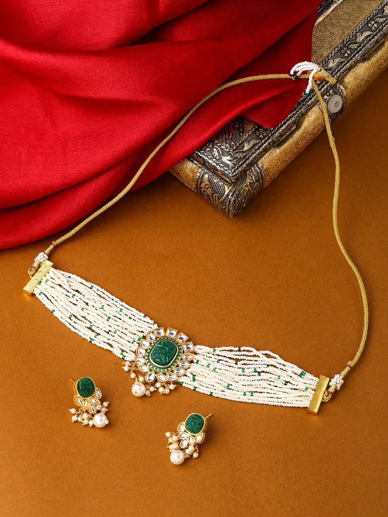 Handcrafted Gold Plated Green Stone & Kundan Studded Choker Set : ABOSJS02