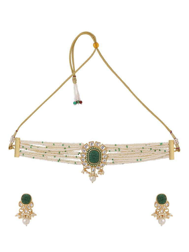 Handcrafted Gold Plated Green Stone & Kundan Studded Choker Set : ABOSJS02