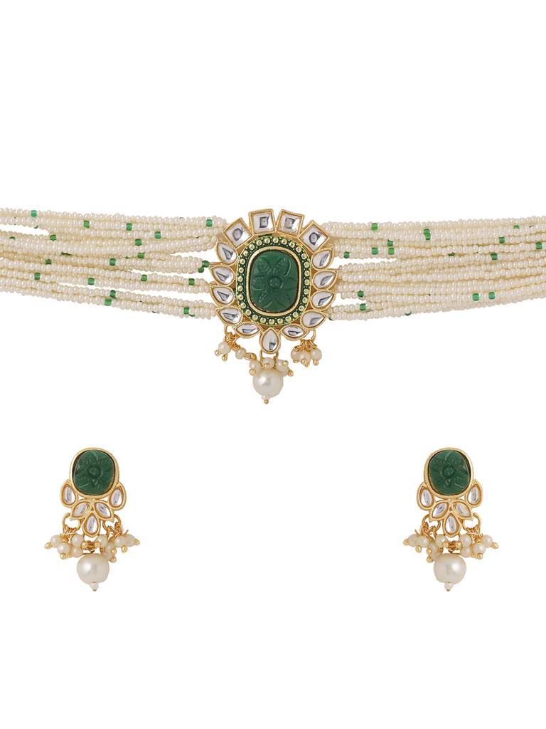 Handcrafted Gold Plated Green Stone & Kundan Studded Choker Set : ABOSJS02