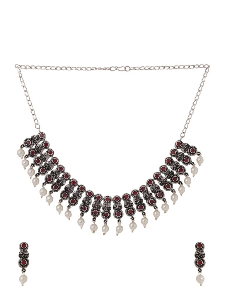 Handcrafted Silver Plated Oxidised Pink Stone Studded Jewellery Set : ABOSJS03