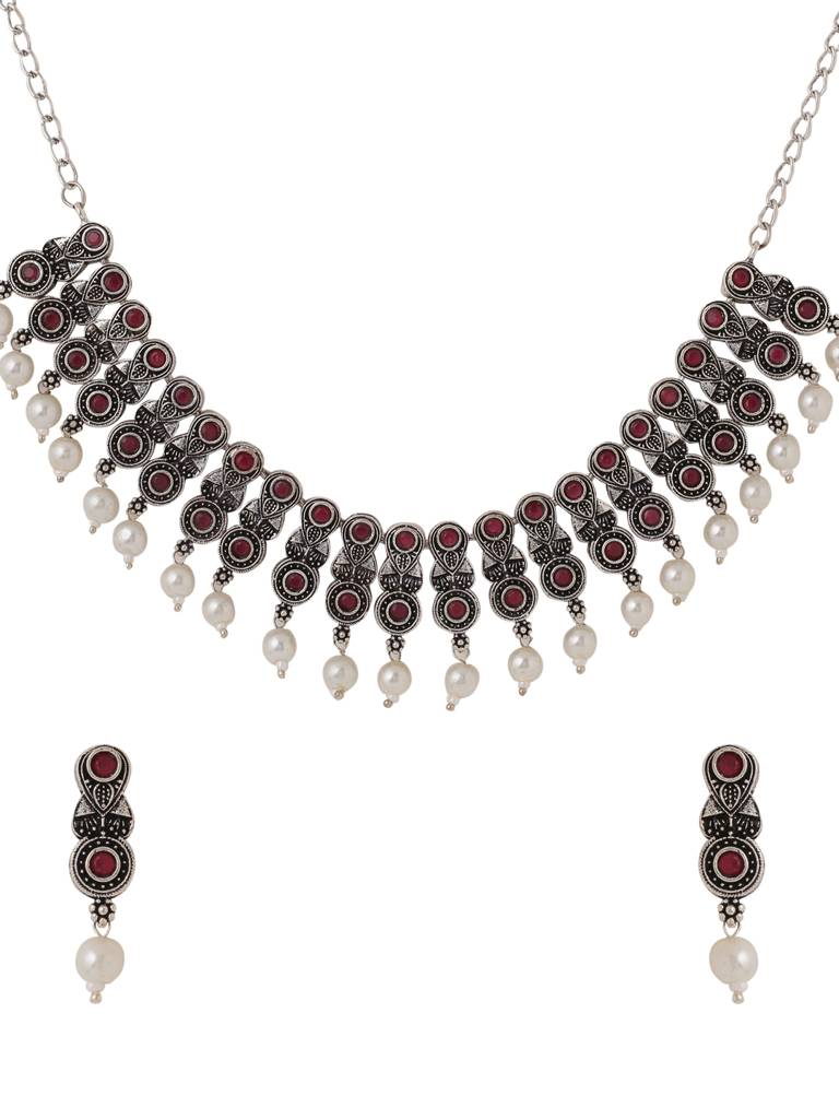 Handcrafted Silver Plated Oxidised Pink Stone Studded Jewellery Set : ABOSJS03