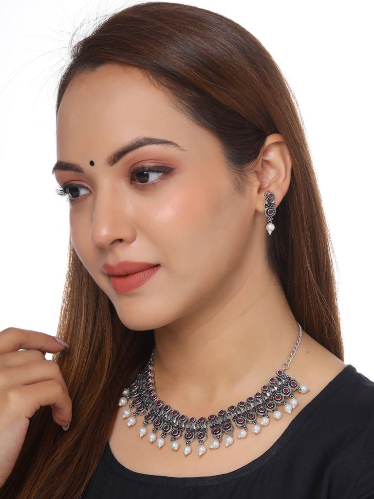 Handcrafted Silver Plated Oxidised Pink Stone Studded Jewellery Set : ABOSJS03