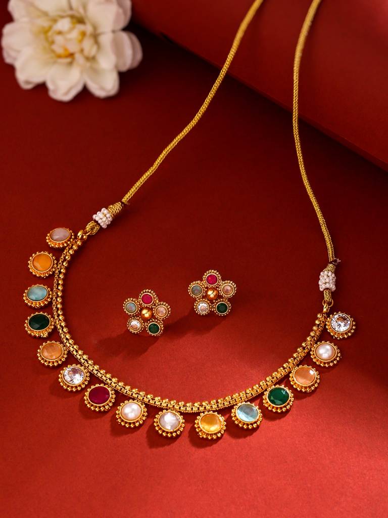 Gold Plated Multicolored Stone Circular Shaped Jewellery Set : ABPKJS01