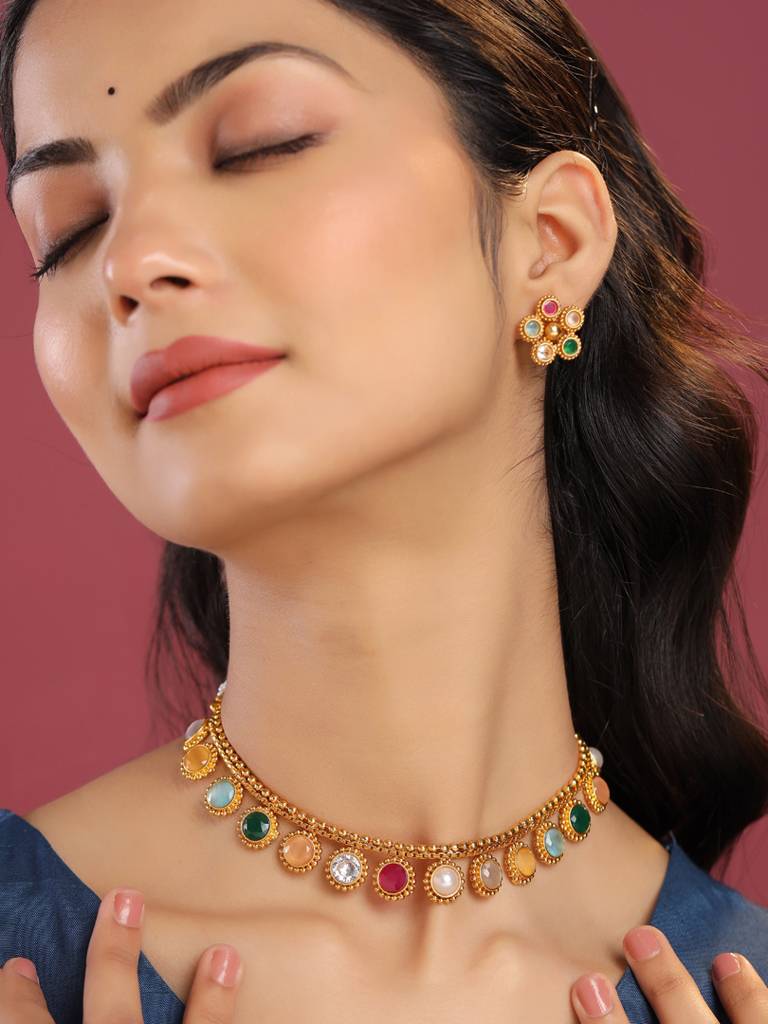 Gold Plated Multicolored Stone Circular Shaped Jewellery Set : ABPKJS01