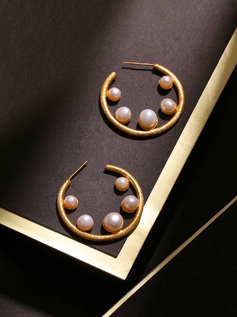 Handcrafted 18K Gold Plated Pearl Hoops : ABRKE07