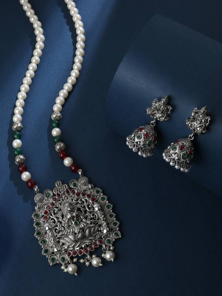 Silver Temple Pearl Jewellery Set-Multicolor : ABRSJS11