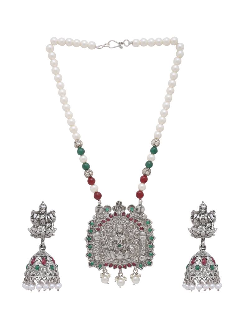 Silver Temple Pearl Jewellery Set-Multicolor : ABRSJS11