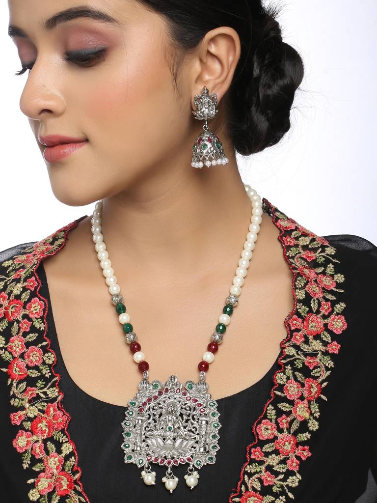 Silver Temple Pearl Jewellery Set-Multicolor : ABRSJS11