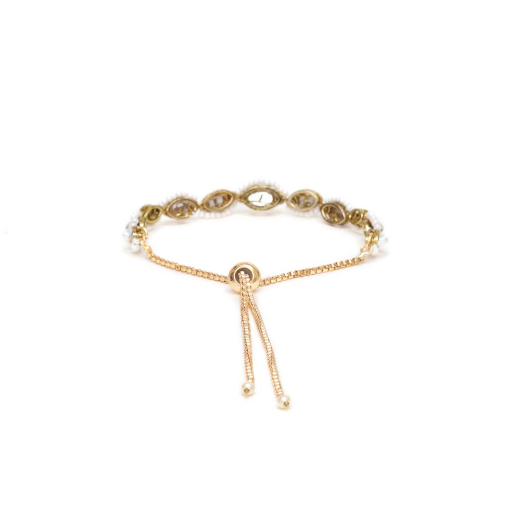 Golden Oval Shape Kundan & White Pearl Adjustable Bracelet : ACB032