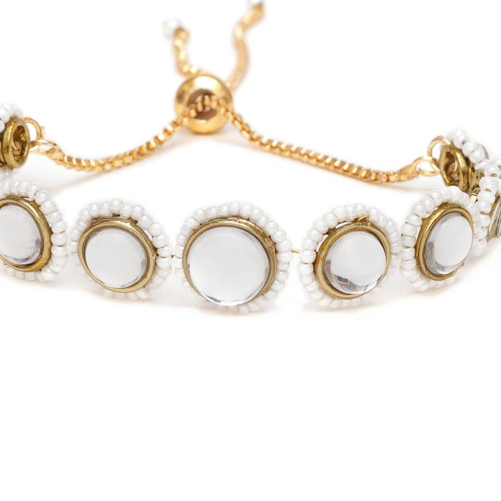 Golden Circular Kundan With White Pearls Adjustable Bracelet : ACB033