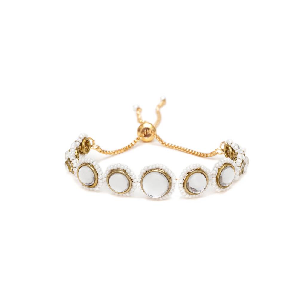 Golden Circular Kundan With White Pearls Adjustable Bracelet : ACB033
