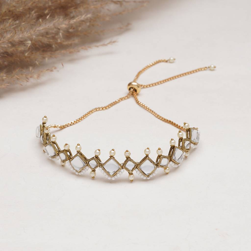Golden Kite Shaped Kundan With White Pearls Adjustable Bracelet : ACB034