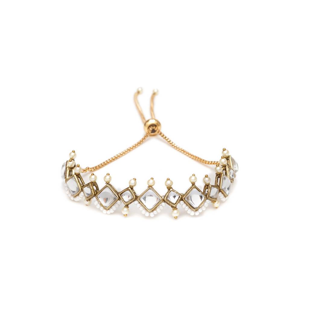 Golden Kite Shaped Kundan With White Pearls Adjustable Bracelet : ACB034