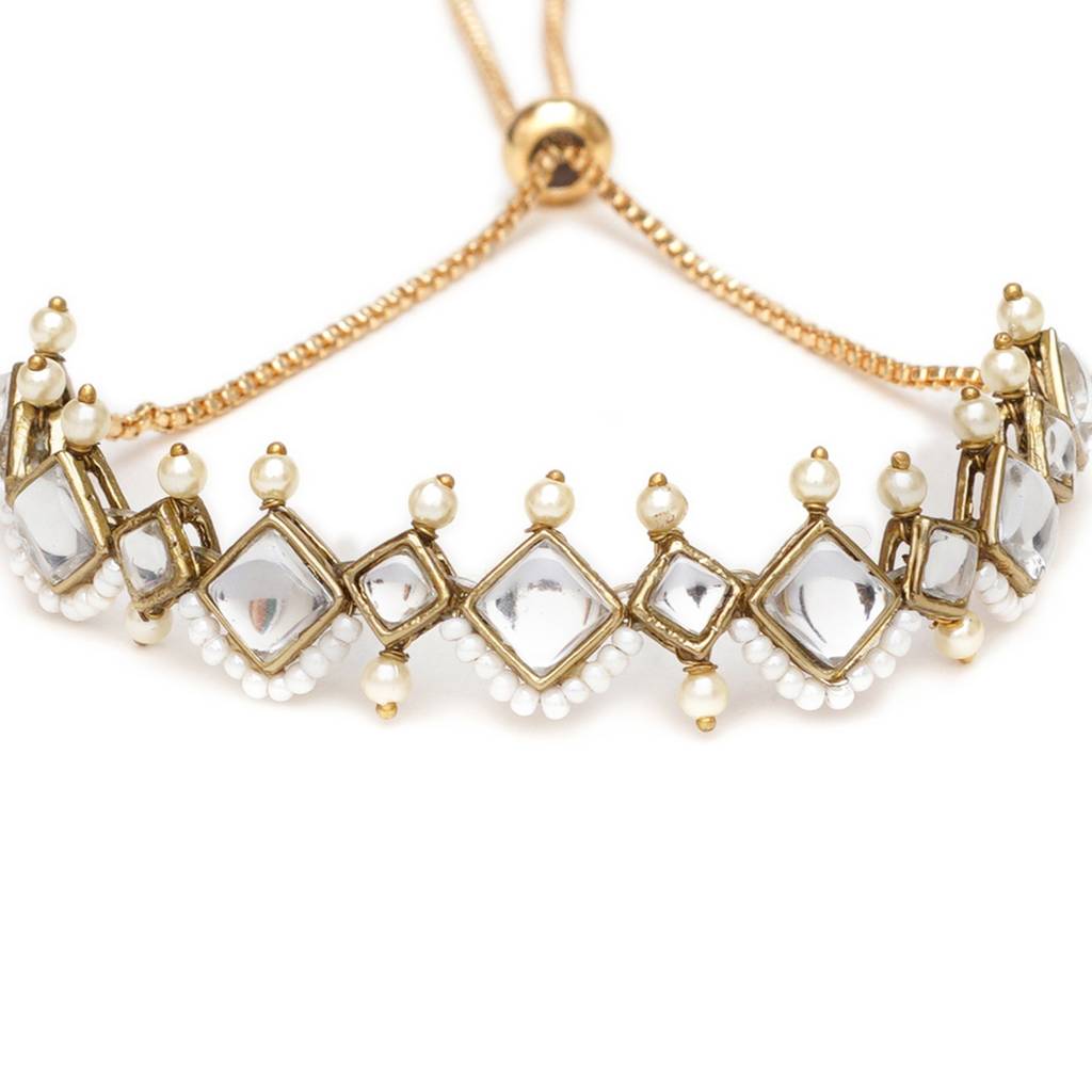 Golden Kite Shaped Kundan With White Pearls Adjustable Bracelet : ACB034