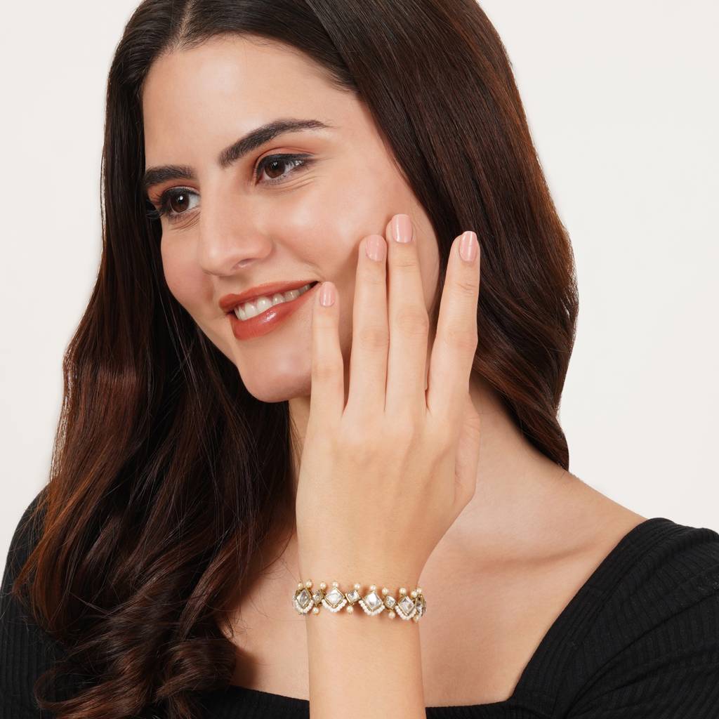 Golden Kite Shaped Kundan With White Pearls Adjustable Bracelet : ACB034