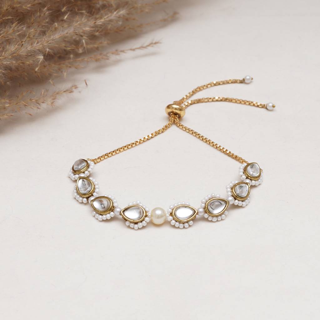 Golden Tilak Kundan With White Pearls Adjustable Bracelet : ACB035