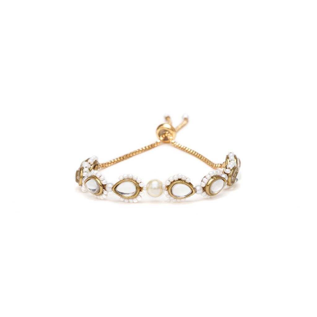 Golden Tilak Kundan With White Pearls Adjustable Bracelet : ACB035