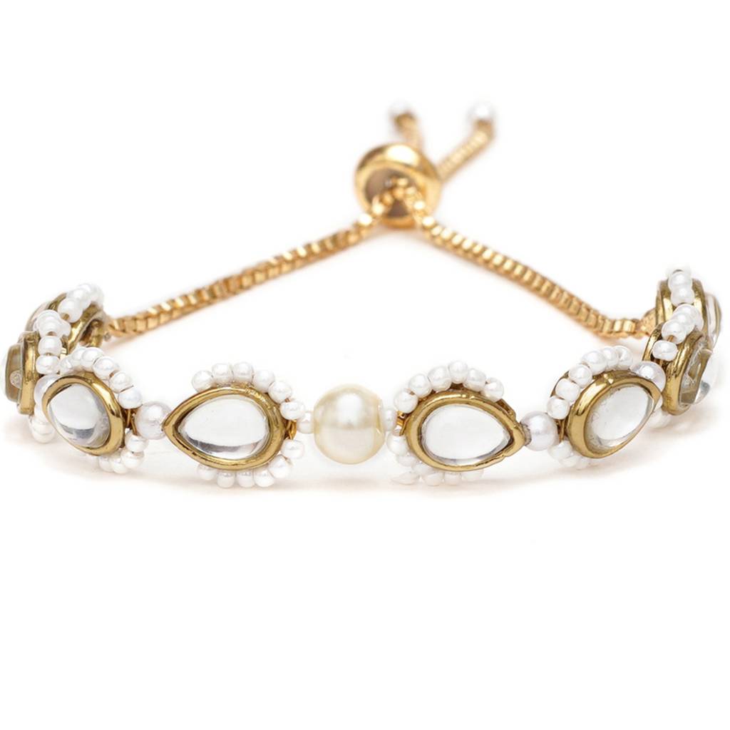Golden Tilak Kundan With White Pearls Adjustable Bracelet : ACB035