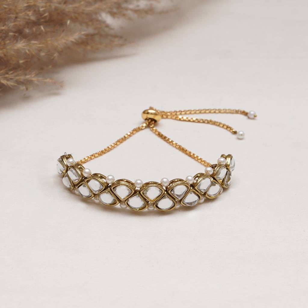 Golden Triangle Kundan With White Pearls Adjustable Bracelet : ACB036