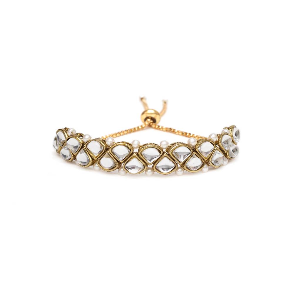 Golden Triangle Kundan With White Pearls Adjustable Bracelet : ACB036