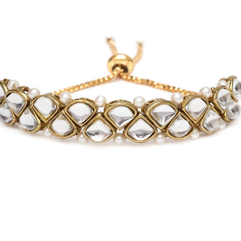 Golden Triangle Kundan With White Pearls Adjustable Bracelet : ACB036