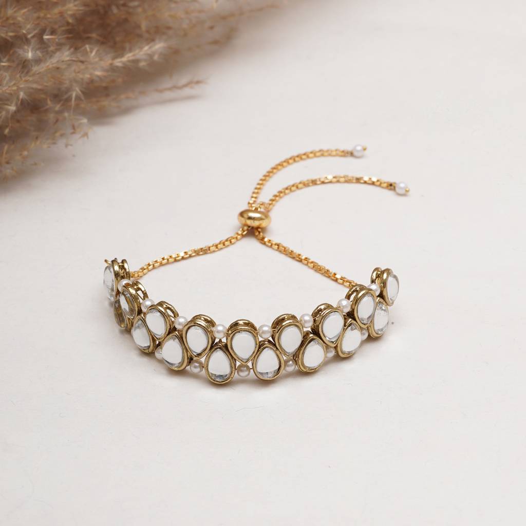 Golden Double Layer Tilak Kundan With White Pearls Adjustable Bracelet : ACB037