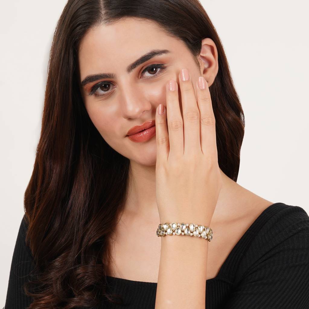 Golden Double Layer Tilak Kundan With White Pearls Adjustable Bracelet : ACB037