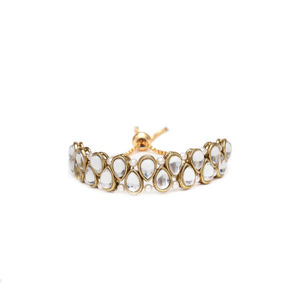 Golden Double Layer Tilak Kundan With White Pearls Adjustable Bracelet : ACB037