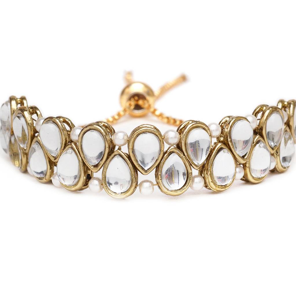 Golden Double Layer Tilak Kundan With White Pearls Adjustable Bracelet : ACB037
