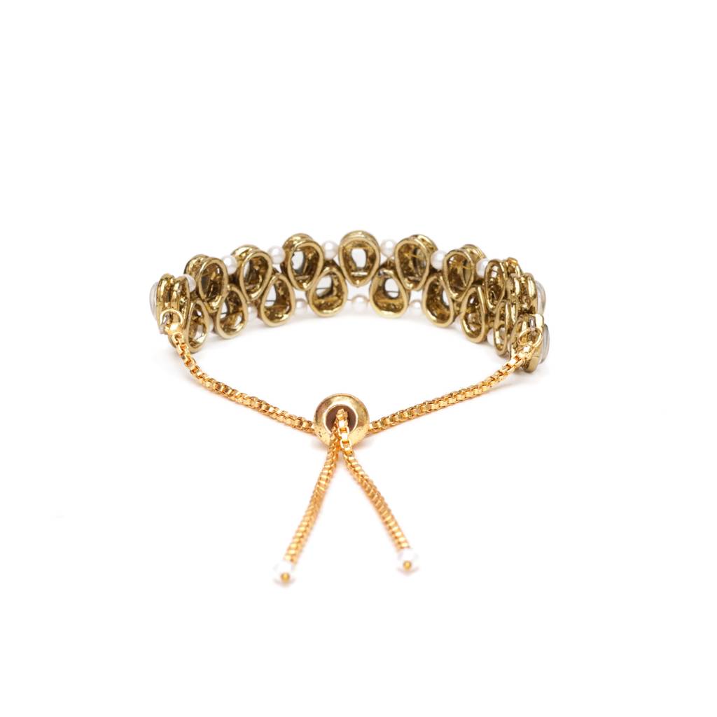 Golden Double Layer Tilak Kundan With White Pearls Adjustable Bracelet : ACB037