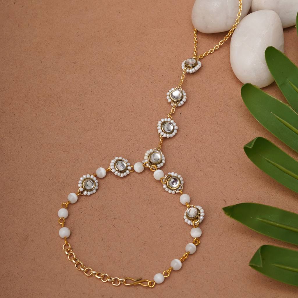 Golden Round Kundan With White Pearls Adjustable Hathphool Bracelet : ACB038