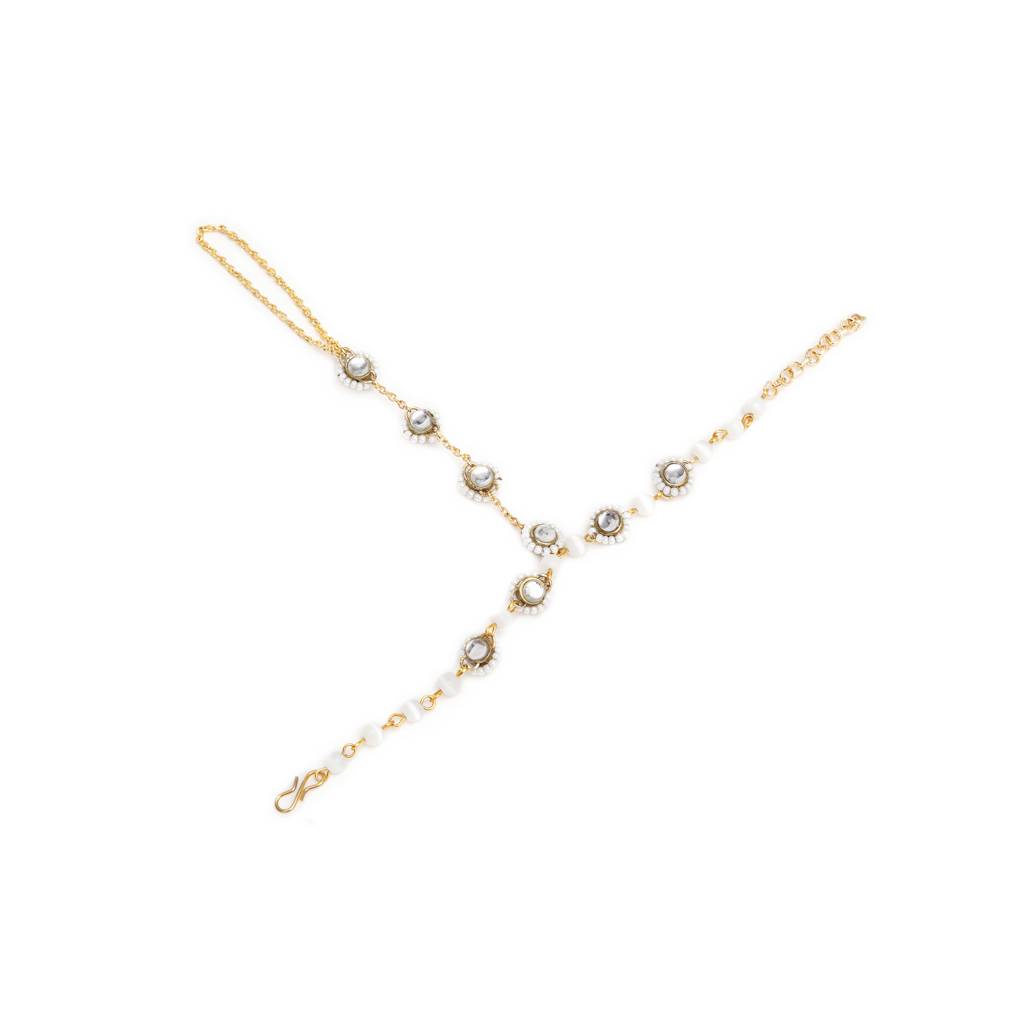 Golden Round Kundan With White Pearls Adjustable Hathphool Bracelet : ACB038