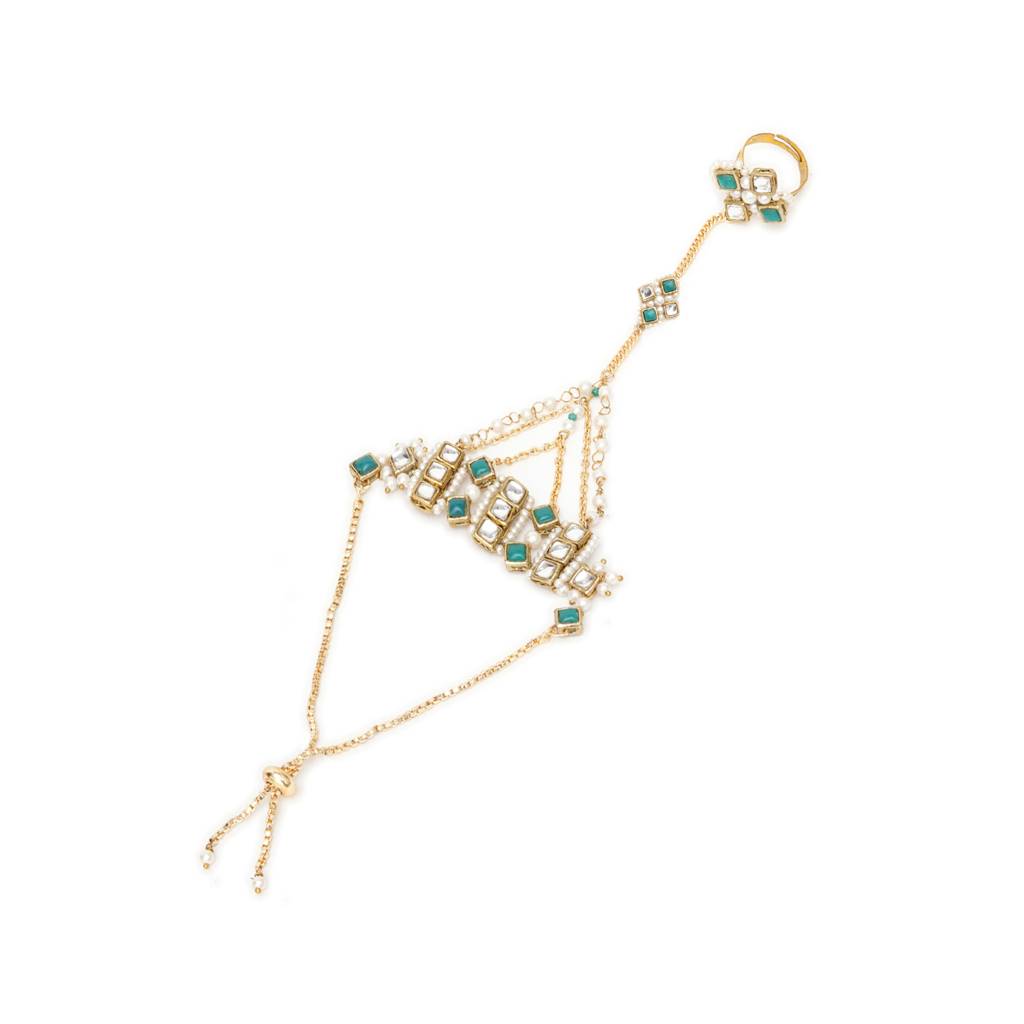 Gold-Plated Haathphool With Emerald Accents : ACB513